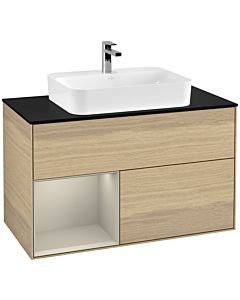 Villeroy und Boch Finion Waschtischunterschrank F362HHPC 100cm, Abdeckplatte black matt, Regal links Sand Matt Lacquer, Oak Veneer