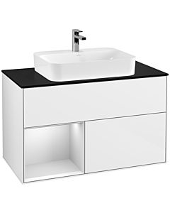 Villeroy und Boch Finion Waschtischunterschrank F362MTGF 100cm, Abdeckplatte black matt, Regal links White matt lacquer, Glossy white lacquer