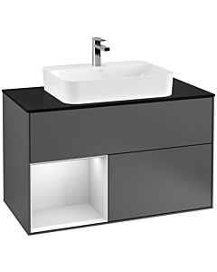 Villeroy und Boch Finion Waschtischunterschrank F362MTGK 100cm, Abdeckplatte black matt, Regal links White matt lacquer, Anthracite matt