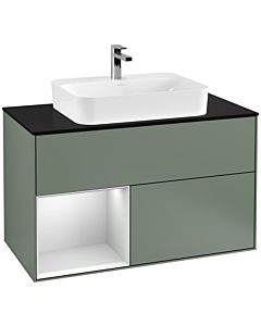 Villeroy und Boch Finion Villeroy und Boch F362MTGM 100cm, plaque de finition noir mat, étagère gauche laqué blanc mat, Olive Matt Lacquer