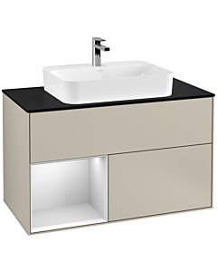Villeroy und Boch Finion Waschtischunterschrank F362MTHH 100cm, Abdeckplatte black matt, Regal links White matt lacquer, Sand Matt Lacquer