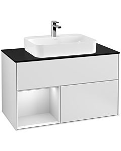 Villeroy und Boch Finion Villeroy und Boch F362MTMT 100cm, plaque de finition noir mat, étagère gauche laqué blanc mat, laqué blanc mat