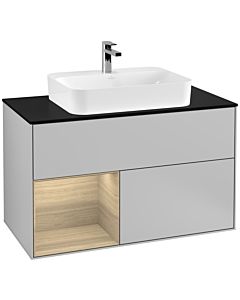 Villeroy und Boch Finion Waschtischunterschrank F362PCGJ 100cm, Abdeckplatte black matt, Regal links Oak Veneer, Light grey matt