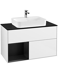 Villeroy und Boch Finion Waschtischunterschrank F362PDGF 100cm, Abdeckplatte black matt, Regal links Black matt lacquer, Glossy white lacquer