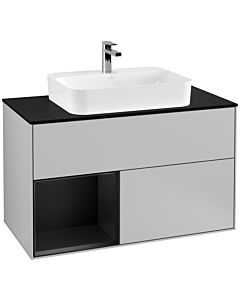 Villeroy und Boch Finion Waschtischunterschrank F362PDGJ 100cm, Abdeckplatte black matt, Regal links Black matt lacquer, Light grey matt