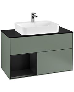 Villeroy und Boch Finion Waschtischunterschrank F362PDGM 100cm, Abdeckplatte black matt, Regal links Black matt lacquer, Olive Matt Lacquer