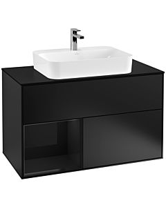 Villeroy und Boch Finion Waschtischunterschrank F362PHPD 100cm, Abdeckplatte black matt, Regal links Glossy Black Lacquer, Black matt lacquer