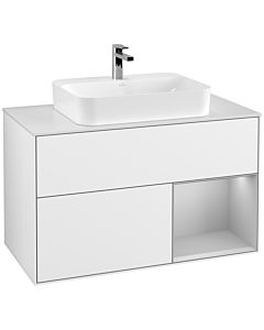 Villeroy und Boch Finion Waschtischunterschrank F371GJGF 100cm, Abdeckplatte white matt, Regal rechts Light grey matt, Glossy white lacquer