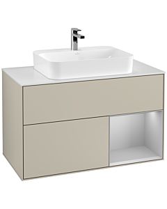 Villeroy und Boch Finion Villeroy und Boch F371GJHH 100cm, plaque de recouvrement blanc mat, étagère droite gris clair mat, Sand Matt Lacquer
