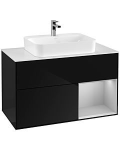 Villeroy und Boch Finion Waschtischunterschrank F371GJPH 100cm, Abdeckplatte white matt, Regal rechts Light grey matt, Glossy Black Lacquer