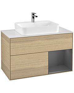Villeroy und Boch Finion Waschtischunterschrank F371GKPC 100cm, Abdeckplatte white matt, Regal rechts Anthracite matt, Oak Veneer