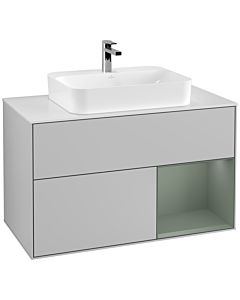 Villeroy und Boch Finion Waschtischunterschrank F371GMGJ 100cm, Abdeckplatte white matt, Regal rechts Olive Matt Lacquer, Light grey matt