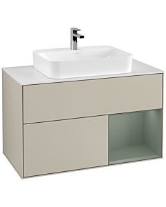 Villeroy und Boch Finion Villeroy und Boch F371GMHH 100cm, plaque de finition blanc mat, étagère à droite Olive Matt Lacquer , Sand Matt Lacquer