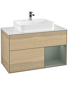 Villeroy und Boch Finion Villeroy und Boch F371GMPC 100cm, plaque de finition blanc mat, étagère à droite Olive Matt Lacquer , Oak Veneer