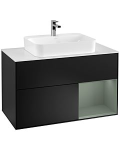 Villeroy und Boch Finion Villeroy und Boch F371GMPD 100cm, plaque de finition blanc mat, étagère à droite Olive Matt Lacquer , laqué noir mat