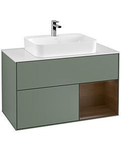 Villeroy und Boch Finion Villeroy und Boch F371GNGM 100cm, plaque de finition blanc mat, étagère droite placage noyer, Olive Matt Lacquer