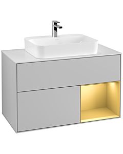 Villeroy und Boch Finion Waschtischunterschrank F371HFGJ 100cm, Abdeckplatte white matt, Regal rechts Gold matt, Light grey matt