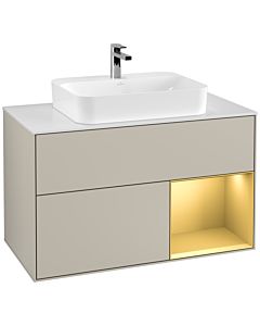 Villeroy und Boch Finion Waschtischunterschrank F371HFHH 100cm, Abdeckplatte white matt, Regal rechts Gold matt, Sand Matt Lacquer
