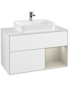 Villeroy und Boch Finion Waschtischunterschrank F371HHGF 100cm, Abdeckplatte white matt, Regal rechts Sand Matt, Glossy white lacquer