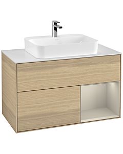 Villeroy und Boch Finion Waschtischunterschrank F371HHPC 100cm, Abdeckplatte white matt, Regal rechts Sand Matt, Oak Veneer