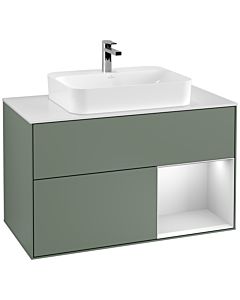 Villeroy und Boch Finion Villeroy und Boch F371MTGM 100cm, plaque de recouvrement blanc mat, étagère à droite laqué blanc mat, Olive Matt Lacquer