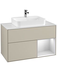 Villeroy und Boch Finion Villeroy und Boch F371MTHH 100cm, plaque de recouvrement blanc mat, étagère à droite laqué blanc mat, Sand Matt Lacquer