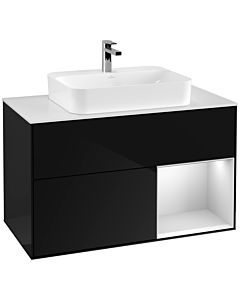 Villeroy und Boch Finion Waschtischunterschrank F371MTPH 100cm, Abdeckplatte white matt, Regal rechts White matt lacquer, Glossy Black Lacquer