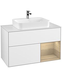 Villeroy und Boch Finion Waschtischunterschrank F371PCGF 100cm, Abdeckplatte white matt, Regal rechts Oak Veneer, Glossy white lacquer