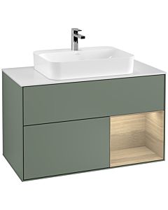 Villeroy und Boch Finion Waschtischunterschrank F371PCGM 100cm, Abdeckplatte white matt, Regal rechts Oak Veneer, Olive Matt Lacquer