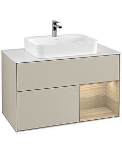Villeroy und Boch Finion Waschtischunterschrank F371PCHH 100cm, Abdeckplatte white matt, Regal rechts Oak Veneer, Sand Matt Lacquer