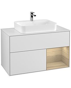 Villeroy und Boch Finion Waschtischunterschrank F371PCMT 100cm, Abdeckplatte white matt, Regal rechts Oak Veneer, White matt lacquer