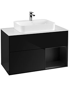 Villeroy und Boch Finion Waschtischunterschrank F371PDPH 100cm, Abdeckplatte white matt, Regal rechts Black matt lacquer, Glossy Black Lacquer