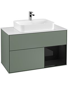 Villeroy und Boch Finion Waschtischunterschrank F371PHGM 100cm, Abdeckplatte white matt, Regal rechts Glossy Black Lacquer, Olive Matt Lacquer