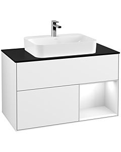 Villeroy und Boch Finion Waschtischunterschrank F372GFGF 100cm, Abdeckplatte black matt, Regal rechts Glossy white lacquer, Glossy white lacquer