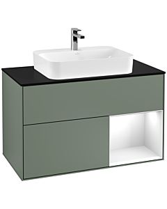 Villeroy und Boch Finion Waschtischunterschrank F372GFGM 100cm, Abdeckplatte black matt, Regal rechts Glossy white lacquer, Olive Matt Lacquer