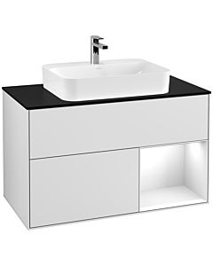 Villeroy und Boch Finion Villeroy und Boch F372GFMT 100cm, plaque de finition noir mat, étagère à droite laqué blanc brillant, laqué blanc mat