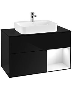 Villeroy und Boch Finion Waschtischunterschrank F372GFPH 100cm, Abdeckplatte black matt, Regal rechts Glossy white lacquer, Glossy Black Lacquer