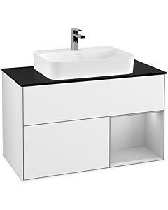 Villeroy und Boch Finion Waschtischunterschrank F372GJGF 100cm, Abdeckplatte black matt, Regal rechts Light grey matt, Glossy white lacquer