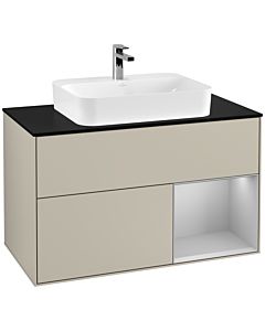 Villeroy und Boch Finion Waschtischunterschrank F372GJHH 100cm, Abdeckplatte black matt, Regal rechts Light grey matt, Sand Matt Lacquer