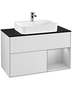Villeroy und Boch Finion Waschtischunterschrank F372GJMT 100cm, Abdeckplatte black matt, Regal rechts Light grey matt, White matt lacquer