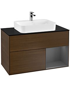 Villeroy und Boch Finion Waschtischunterschrank F372GKGN 100cm, Abdeckplatte black matt, Regal rechts Anthracite matt, Walnut veneer