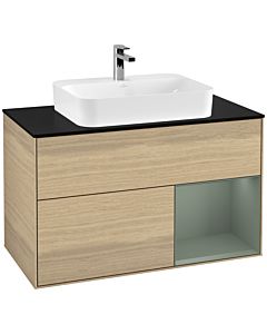 Villeroy und Boch Finion Waschtischunterschrank F372GMPC 100cm, Abdeckplatte black matt, Regal rechts Olive Matt Lacquer, Oak Veneer