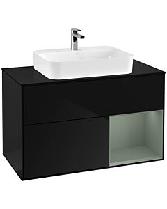 Villeroy und Boch Finion Waschtischunterschrank F372GMPH 100cm, Abdeckplatte black matt, Regal rechts Olive Matt Lacquer, Glossy Black Lacquer