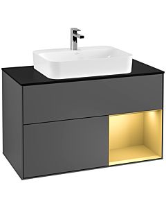 Villeroy und Boch Finion Waschtischunterschrank F372HFGK 100cm, Abdeckplatte black matt, Regal rechts Gold matt, Anthracite matt