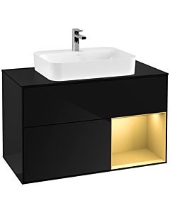 Villeroy und Boch Finion Waschtischunterschrank F372HFPH 100cm, Abdeckplatte black matt, Regal rechts Gold matt, Glossy Black Lacquer