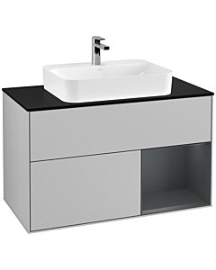 Villeroy und Boch Finion Waschtischunterschrank F372HGGJ 100cm, Abdeckplatte black matt, Regal rechts Midnight Blue Matt Lacquer, Light grey matt