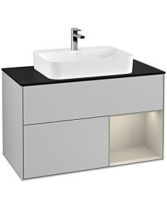 Villeroy und Boch Finion Waschtischunterschrank F372HHGJ 100cm, Abdeckplatte black matt, Regal rechts Sand Matt, Light grey matt