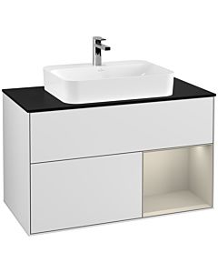 Villeroy und Boch Finion Waschtischunterschrank F372HHMT 100cm, Abdeckplatte black matt, Regal rechts Sand Matt, White matt lacquer
