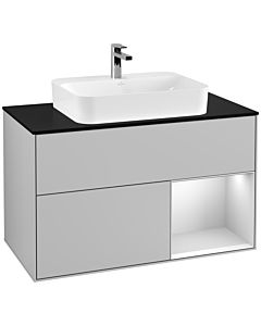 Villeroy und Boch Finion Villeroy und Boch F372MTGJ 100cm, plaque de finition noir mat, étagère à droite laqué blanc mat, gris clair mat