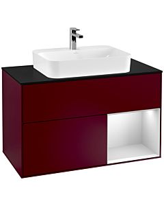 Villeroy und Boch Finion Waschtischunterschrank F372MTHB 100cm, Abdeckplatte black matt, Regal rechts White matt lacquer, Peony Matt